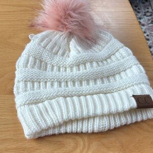 C.C White Knit Beanie with Pink Pom-Pom